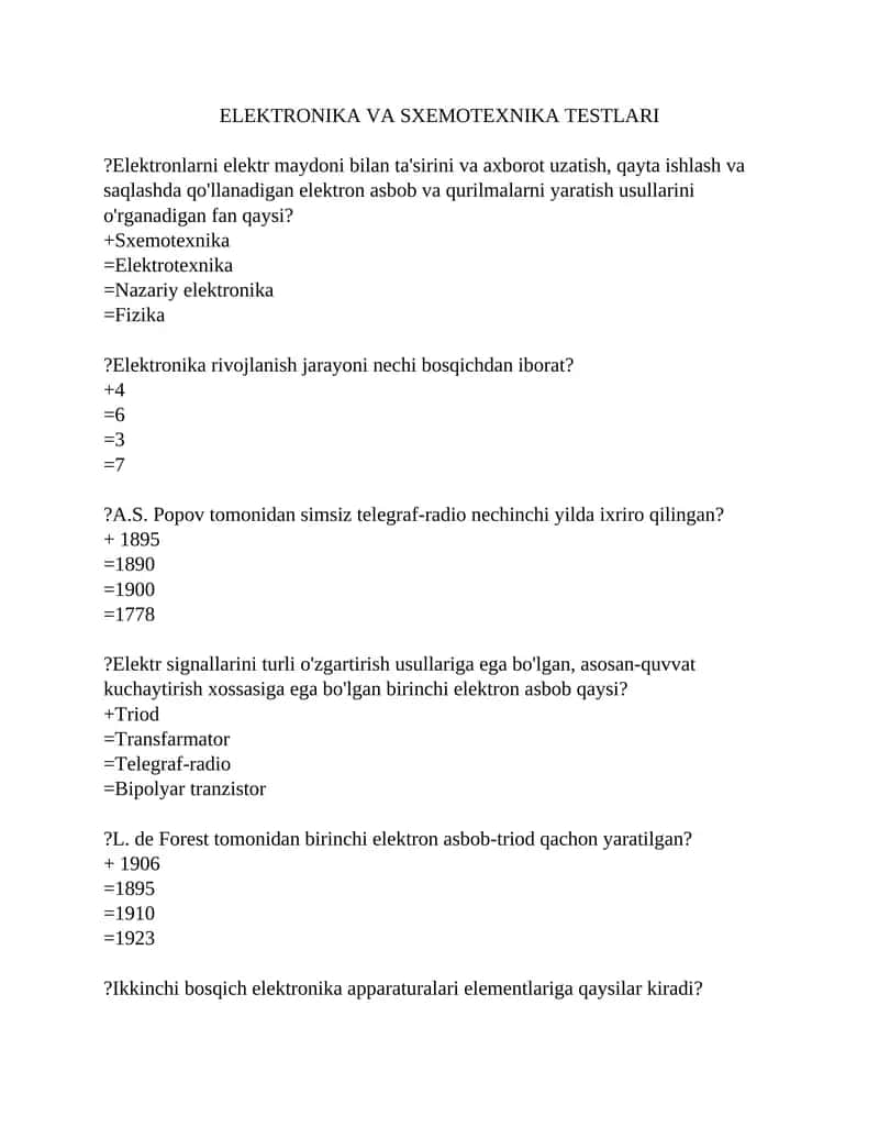 Elektronika va Sxemotexnika Testlari 1