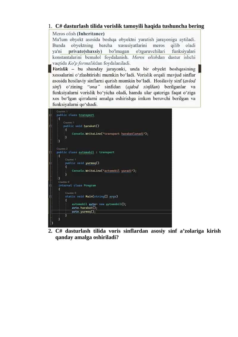 C# dasturlash tilida vorislik, polimorfizm va ichma-ich sinflar 1