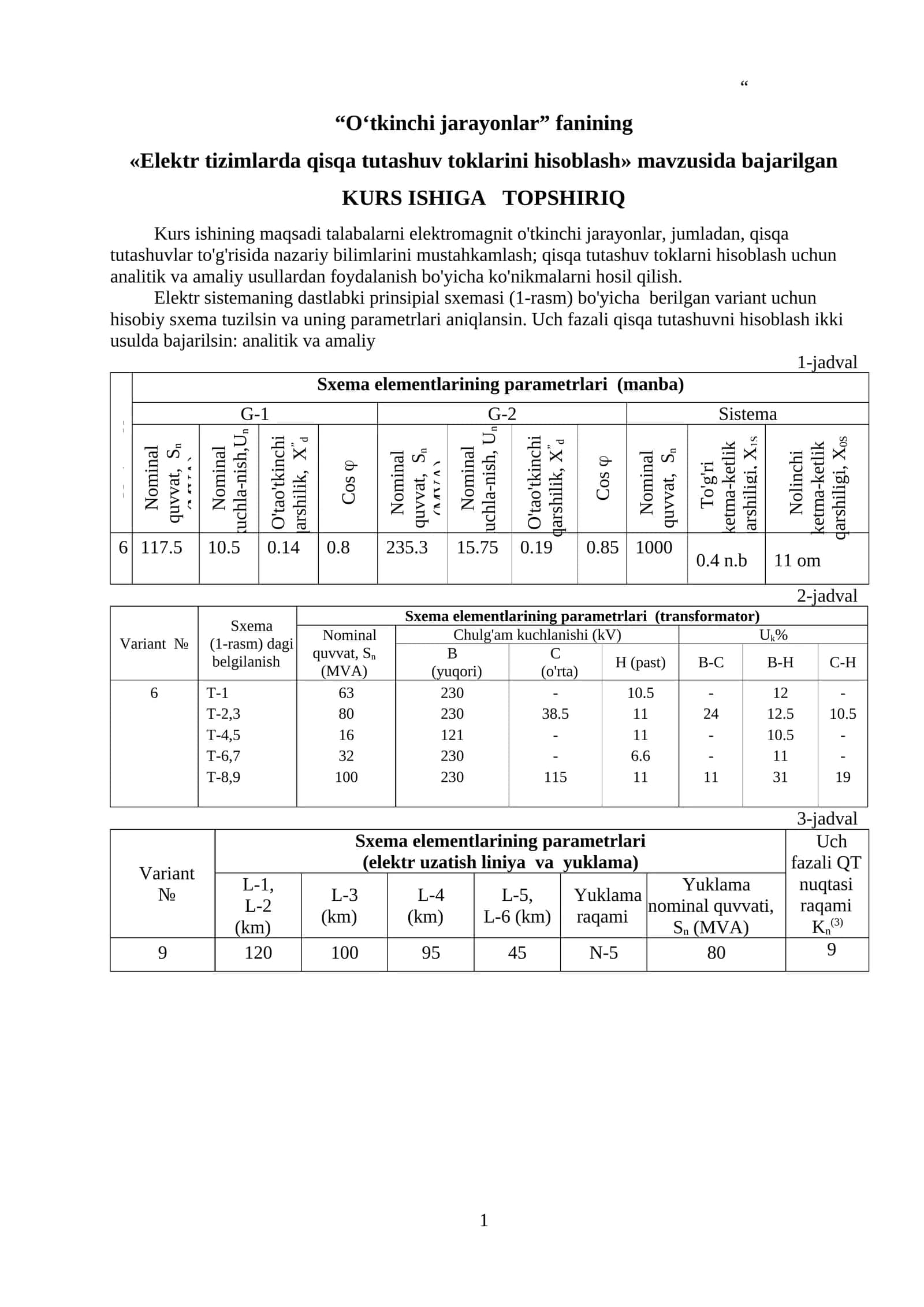 Elektr tizimlarda qisqa tutashuv toklarini hisoblash 1