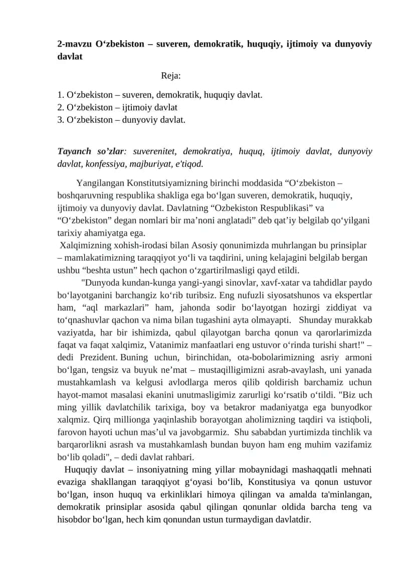 O‘zbekiston – suveren, demokratik, huquqiy, ijtimoiy va dunyoviy davlat 1