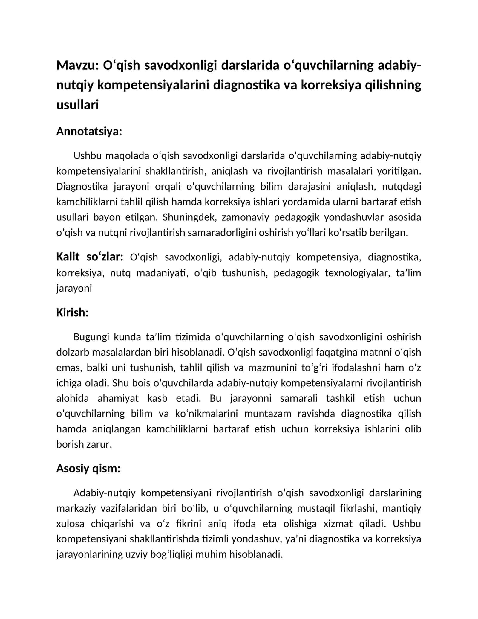 O‘qish savodxonligi darslarida o‘quvchilarning adabiy-nutqiy kompetensiyalarini diagnostika va korreksiya qilishning usullari 1
