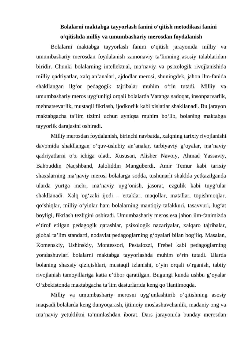 Bolalarni maktabga tayyorlash fanini o‘qitish metodikasi 1