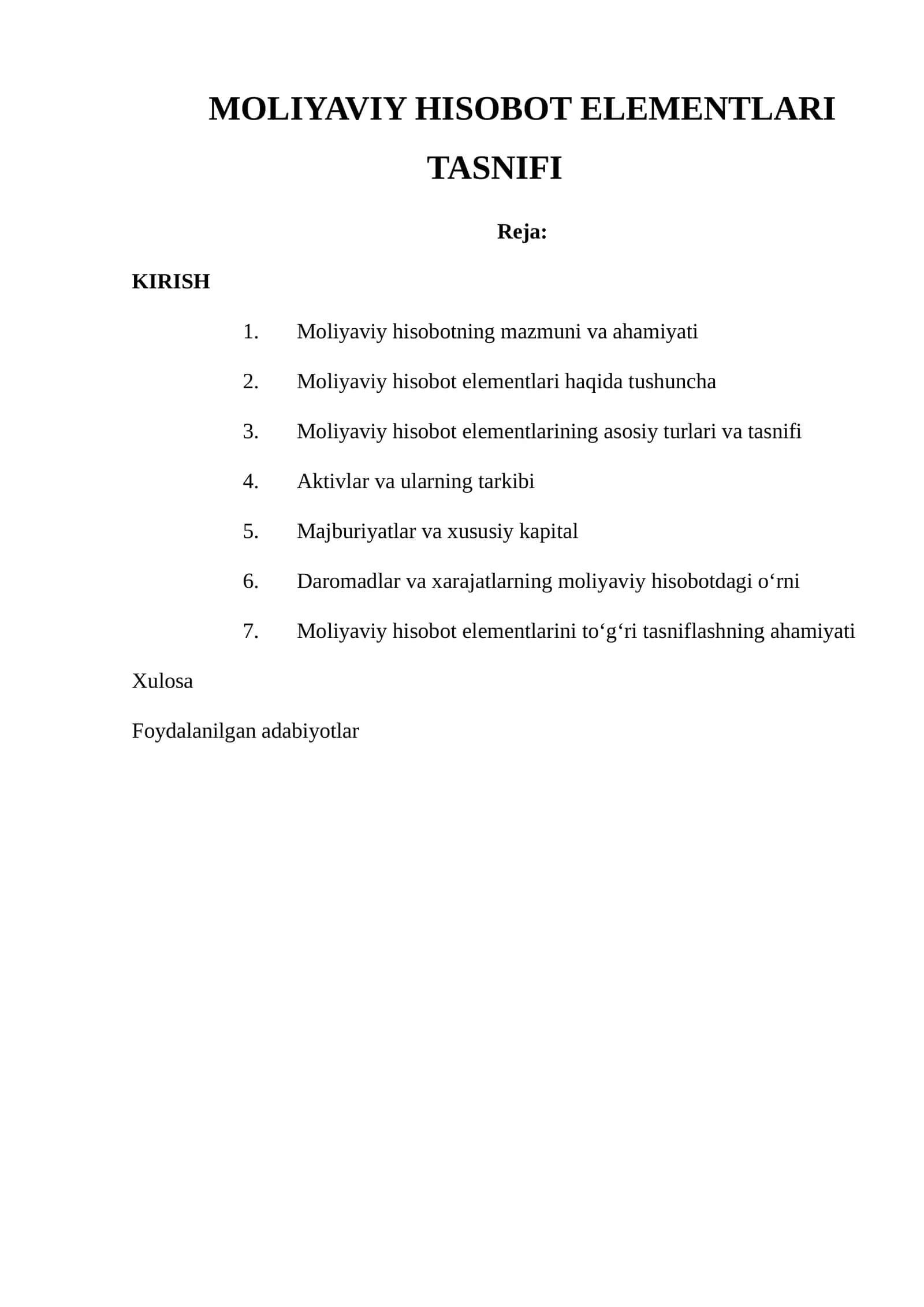 Moliyaviy Hisobot Elementlari Tasnifi 1