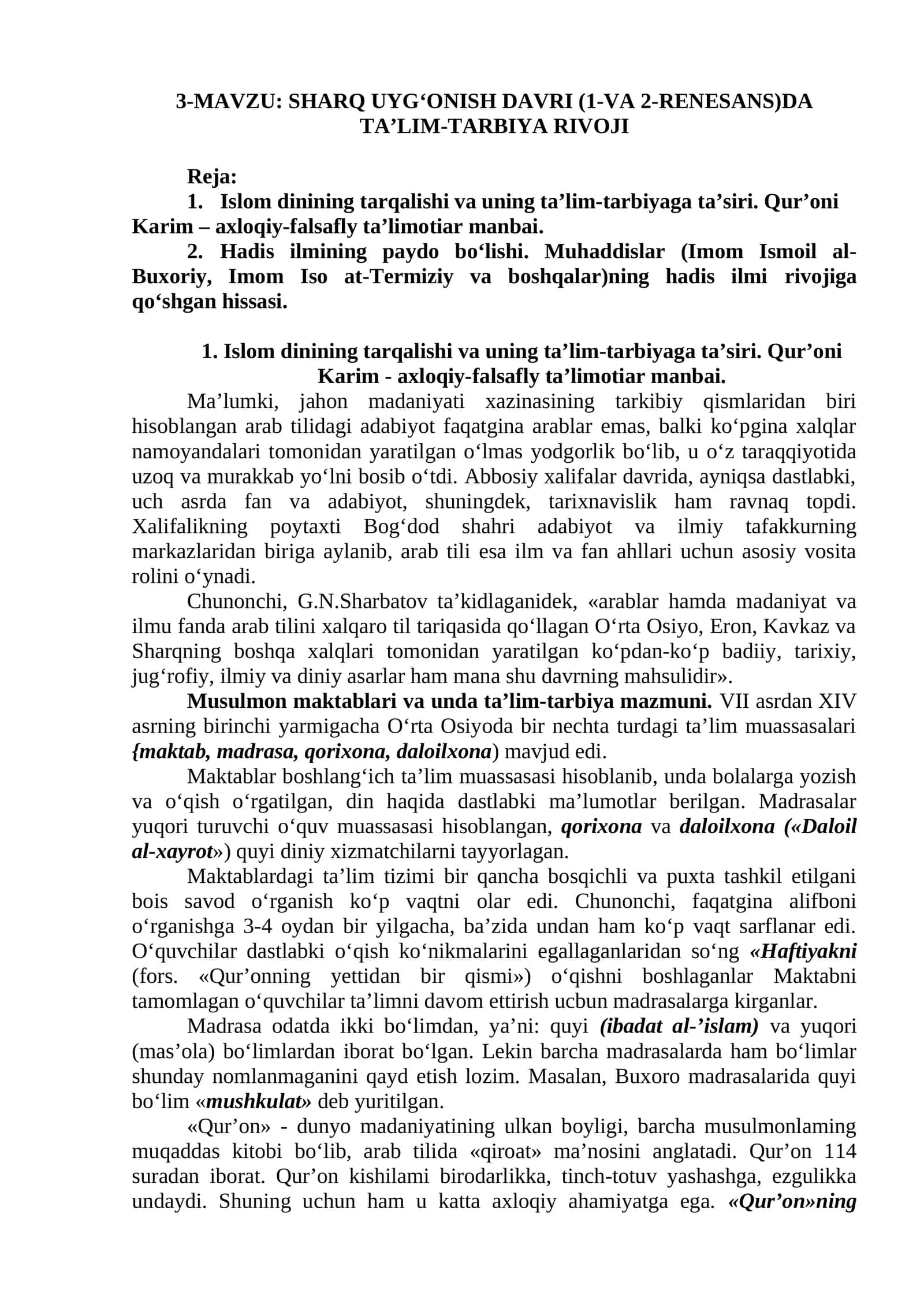 SHARQ UYG‘ONISH DAVRI (1-VA 2-RENESANS)DA TA’LIM-TARBIYA RIVOJI 1