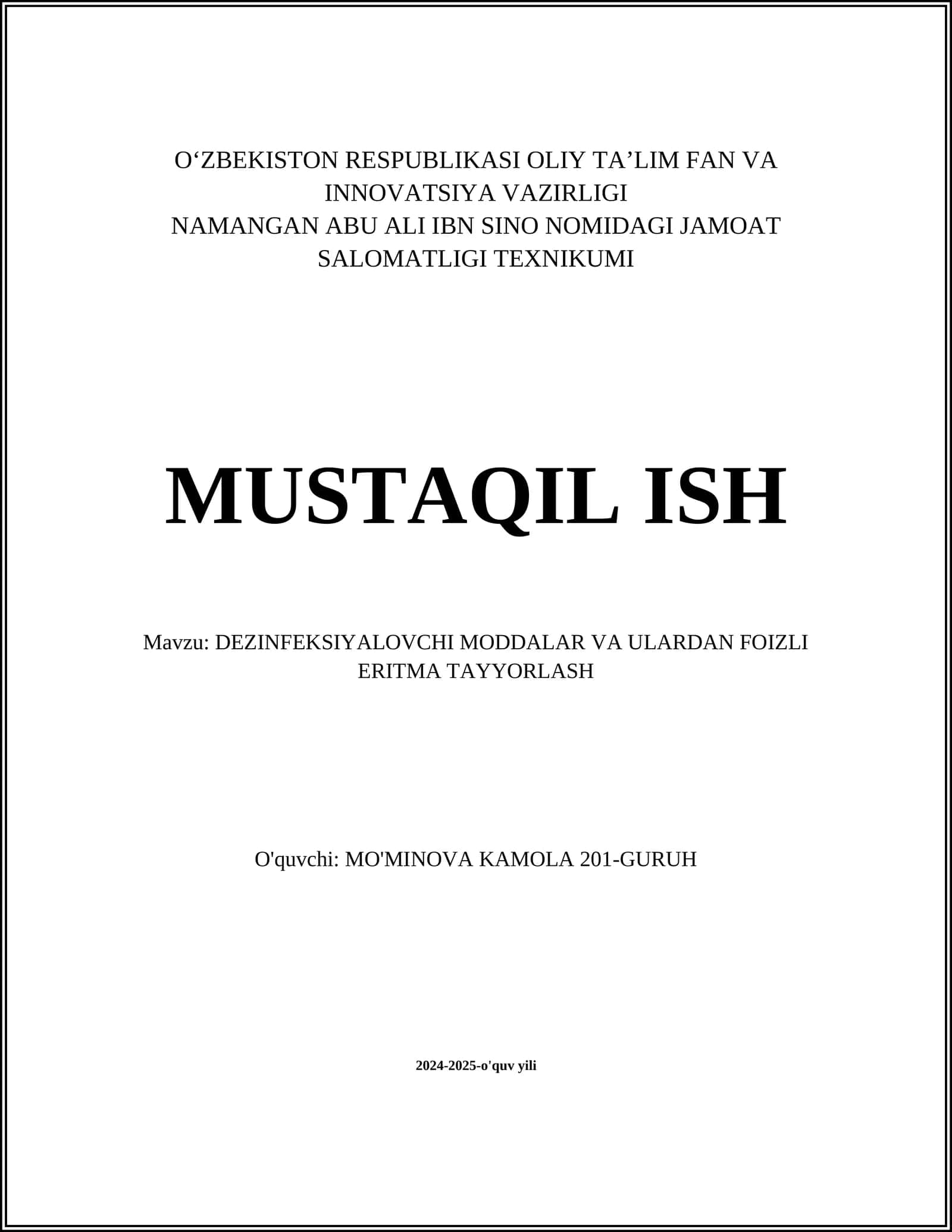 DEZINFEKSIYALOVCHI MODDALAR VA ULARDAN FOIZLI ERITMA TAYYORLASH 1