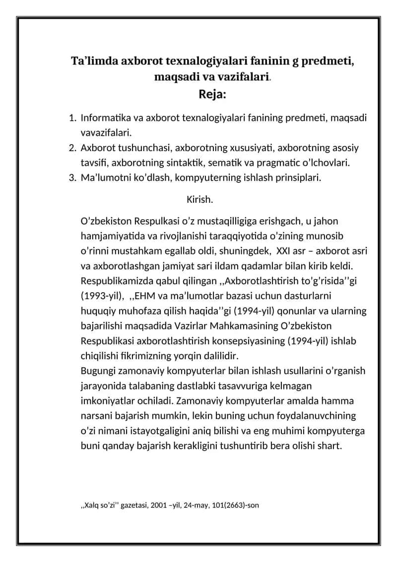 Informatika va axborot texnologiyalari faninin g predmeti, maqsadi va vazifalari 1