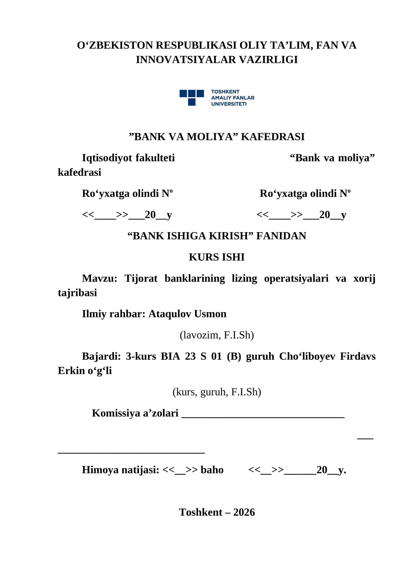 BANK ISHIGA KIRISH KURS ISHI 1