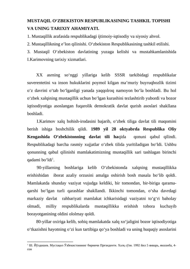 MUSTAQIL O‘ZBEKISTON RESPUBLIKASINING TASHKIL TOPISHI VA UNING TARIXIY AHAMIYATI 1