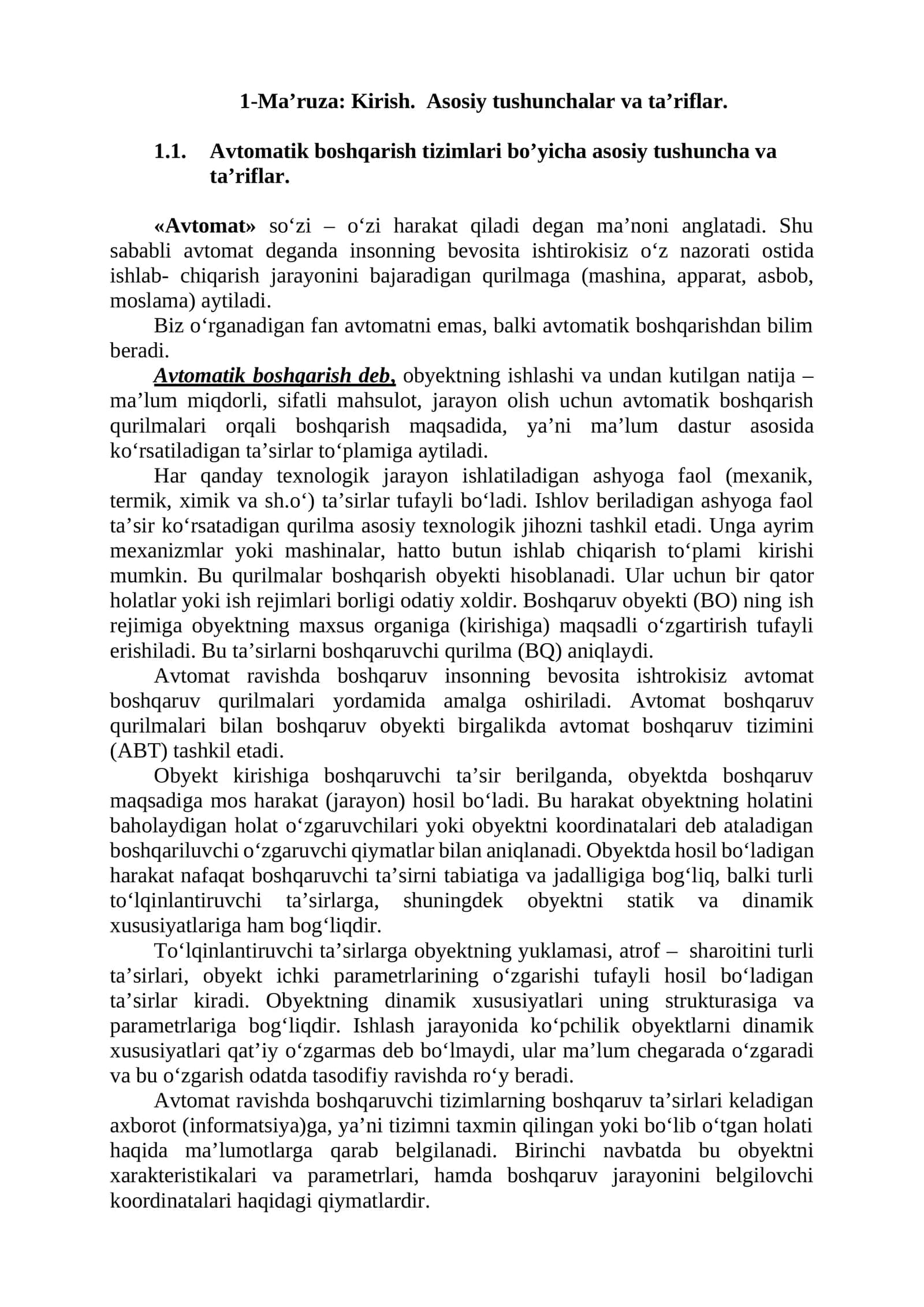 Avtomatik boshqarish tizimlari 1