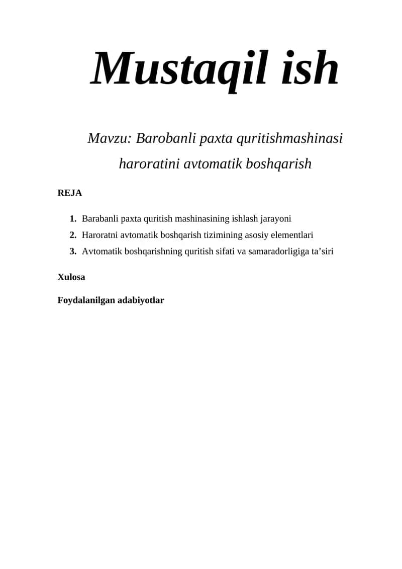 Barobanli paxta quritishmashinasi haroratini avtomatik boshqarish 1