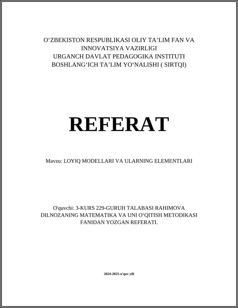 LOYIQ MODELLARI VA ULARNING ELEMENTLARI 1