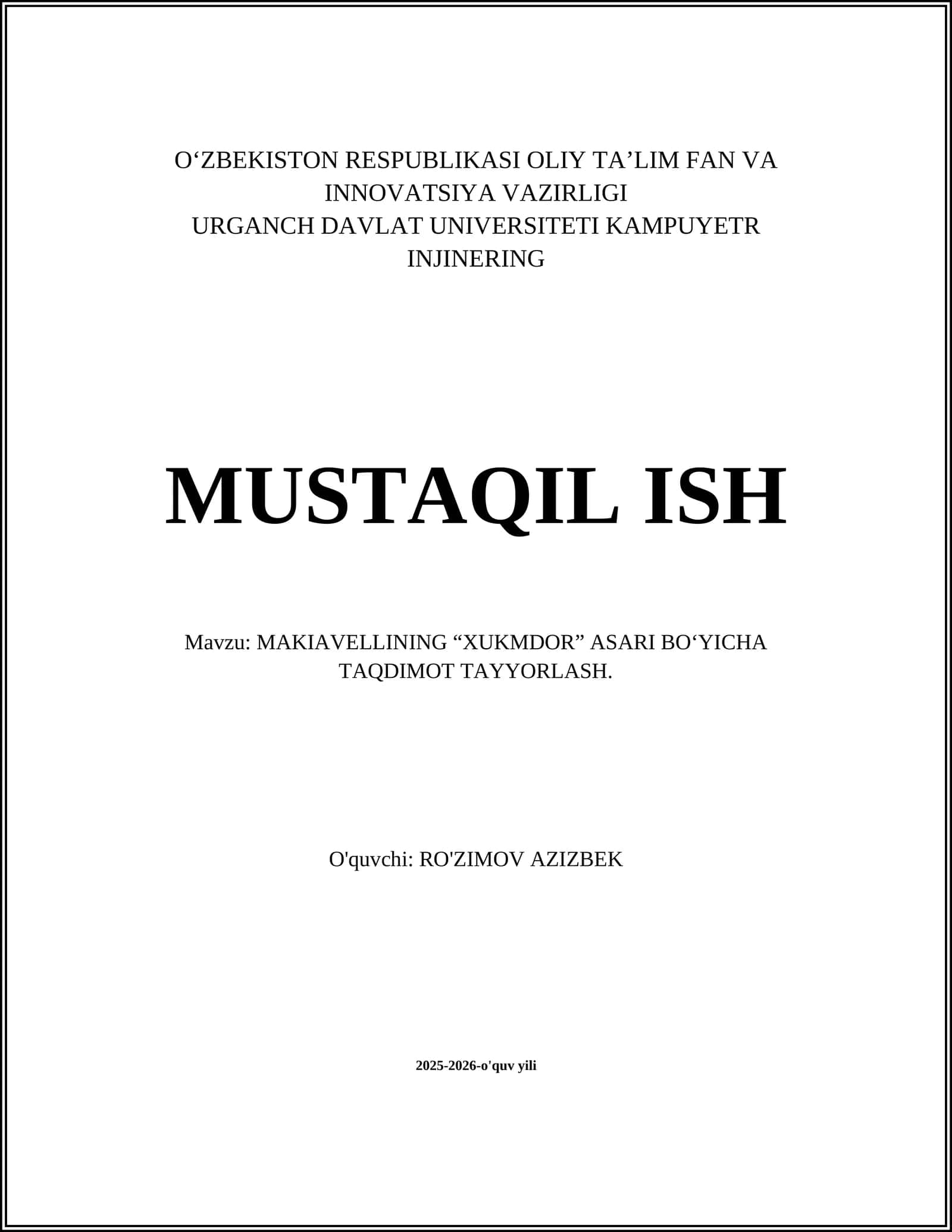 MAKIAVELLINING “XUKMDOR” ASARI BO‘YICHA TAQDIMOT TAYYORLASH 1