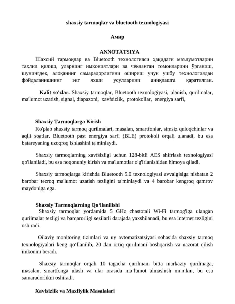 Shaxsiy tarmoqlar va Bluetooth texnologiyasi 1