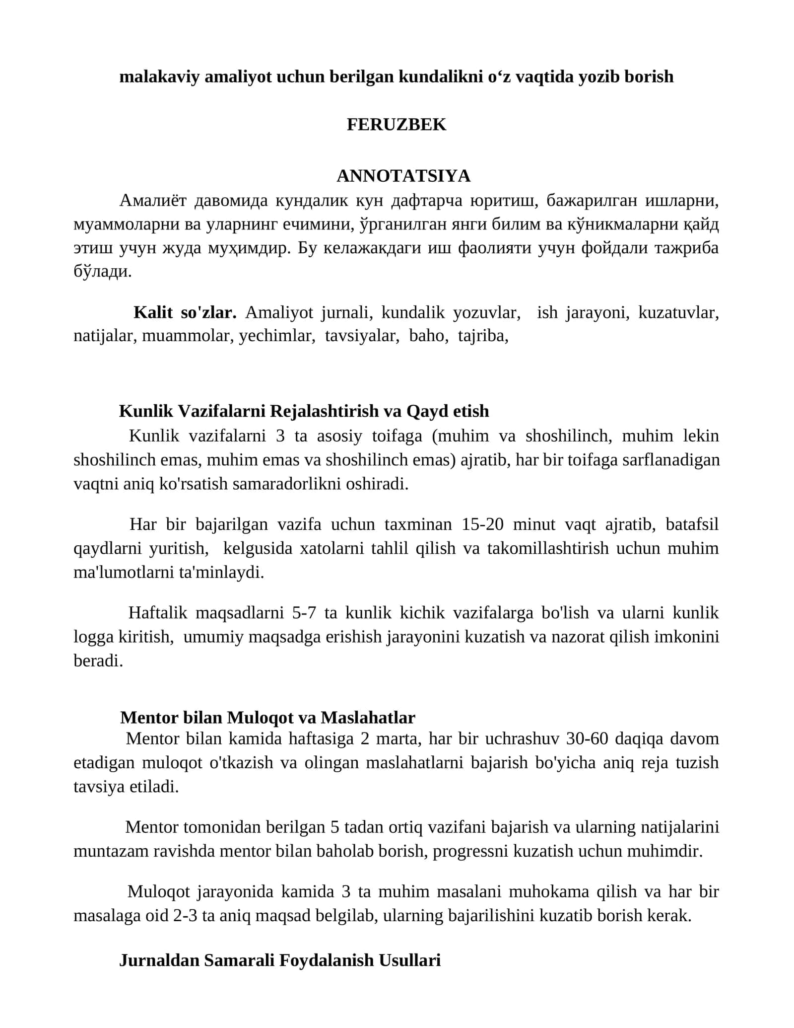 Kunlik Vazifalarni Rejalashtirish va Qayd etish 1