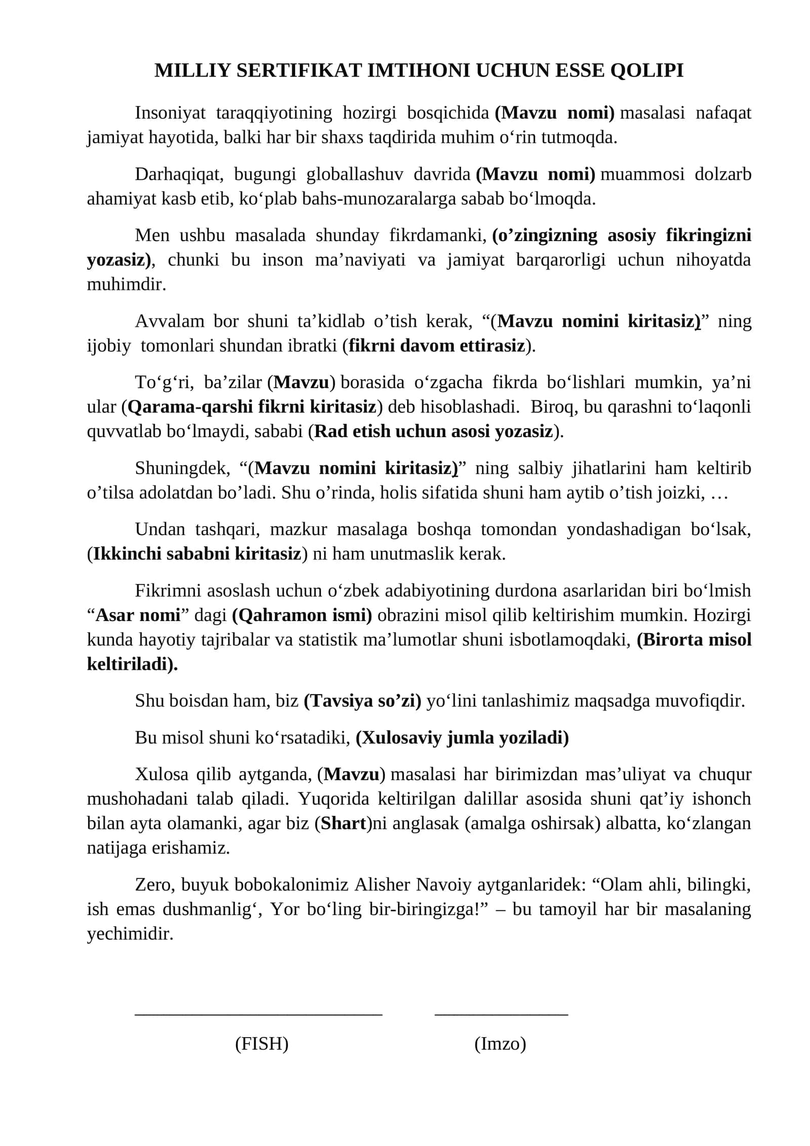 MILLIY SERTIFIKAT IMTIHONI UCHUN TAYYOR ESSE QOLIPI 1
