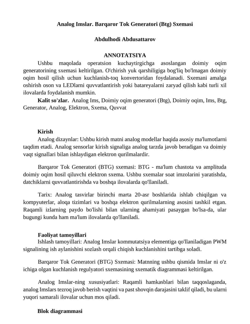 Barqaror Tok Generatori (Btg) Sxemasi 1