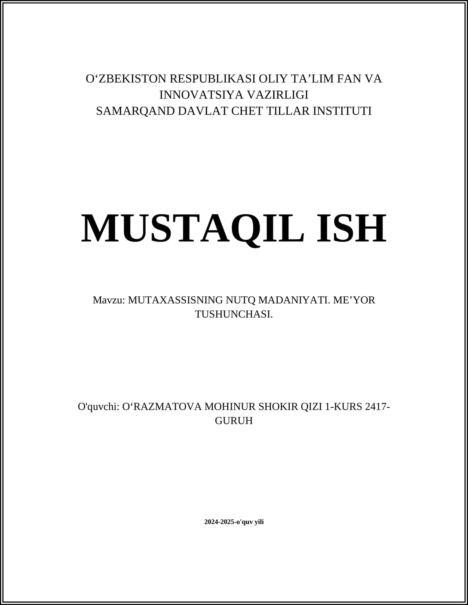 MUTAXASSISNING NUTQ MADANIYATI. ME’YOR TUSHUNCHASI 1