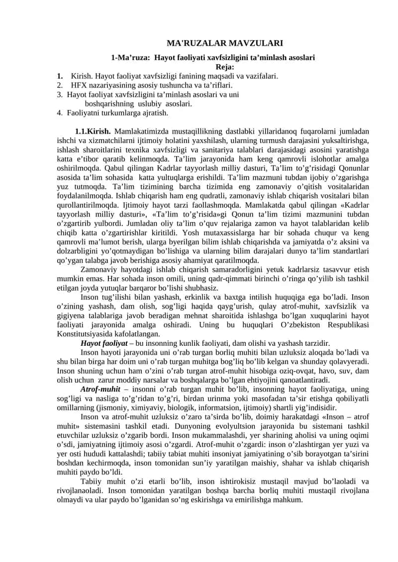 Hayot faoliyati xavfsizligini ta’minlash asoslari 1