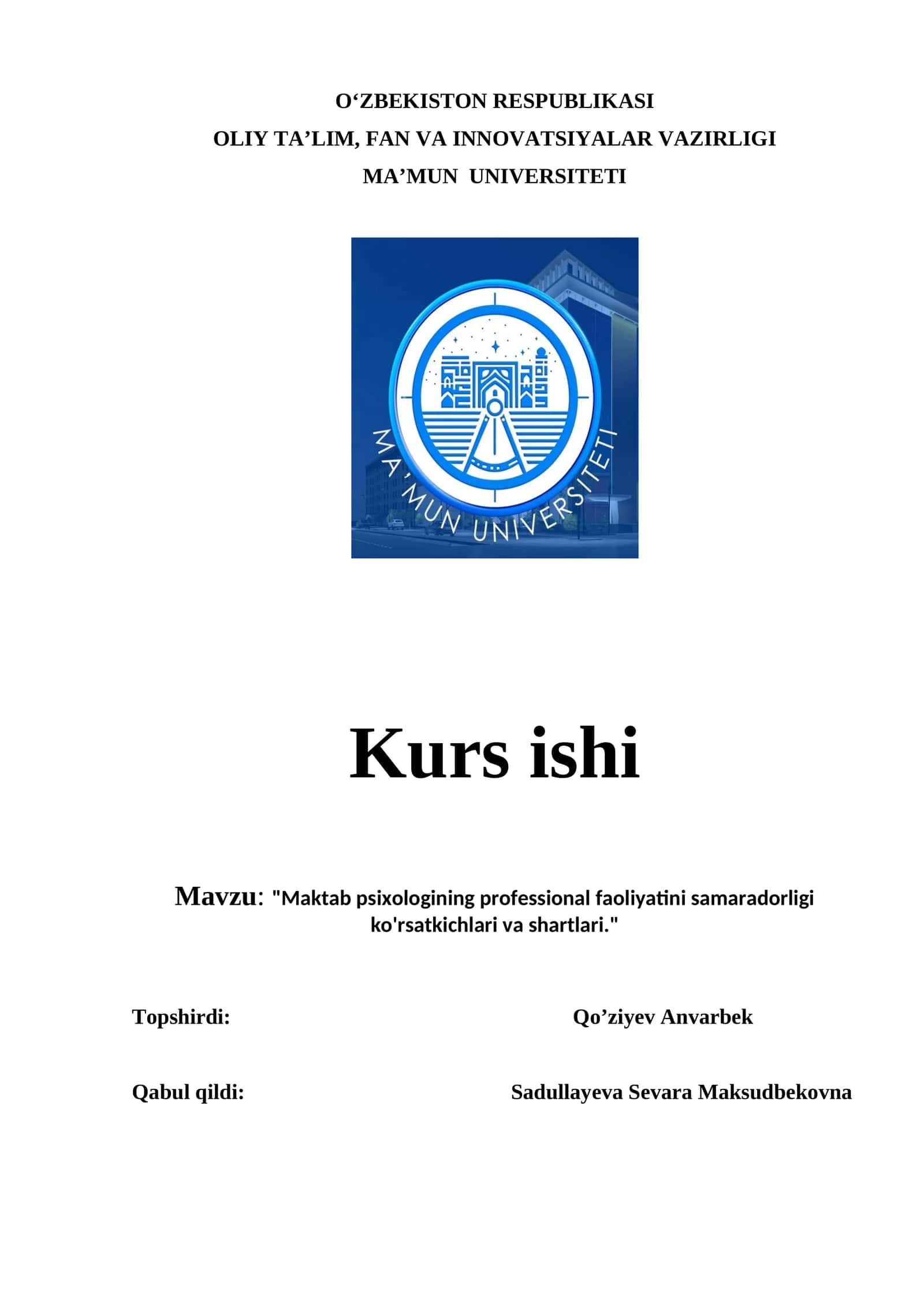"Maktab psixologining professional faoliyatini samaradorligi ko'rsatkichlari va shartlari." 1
