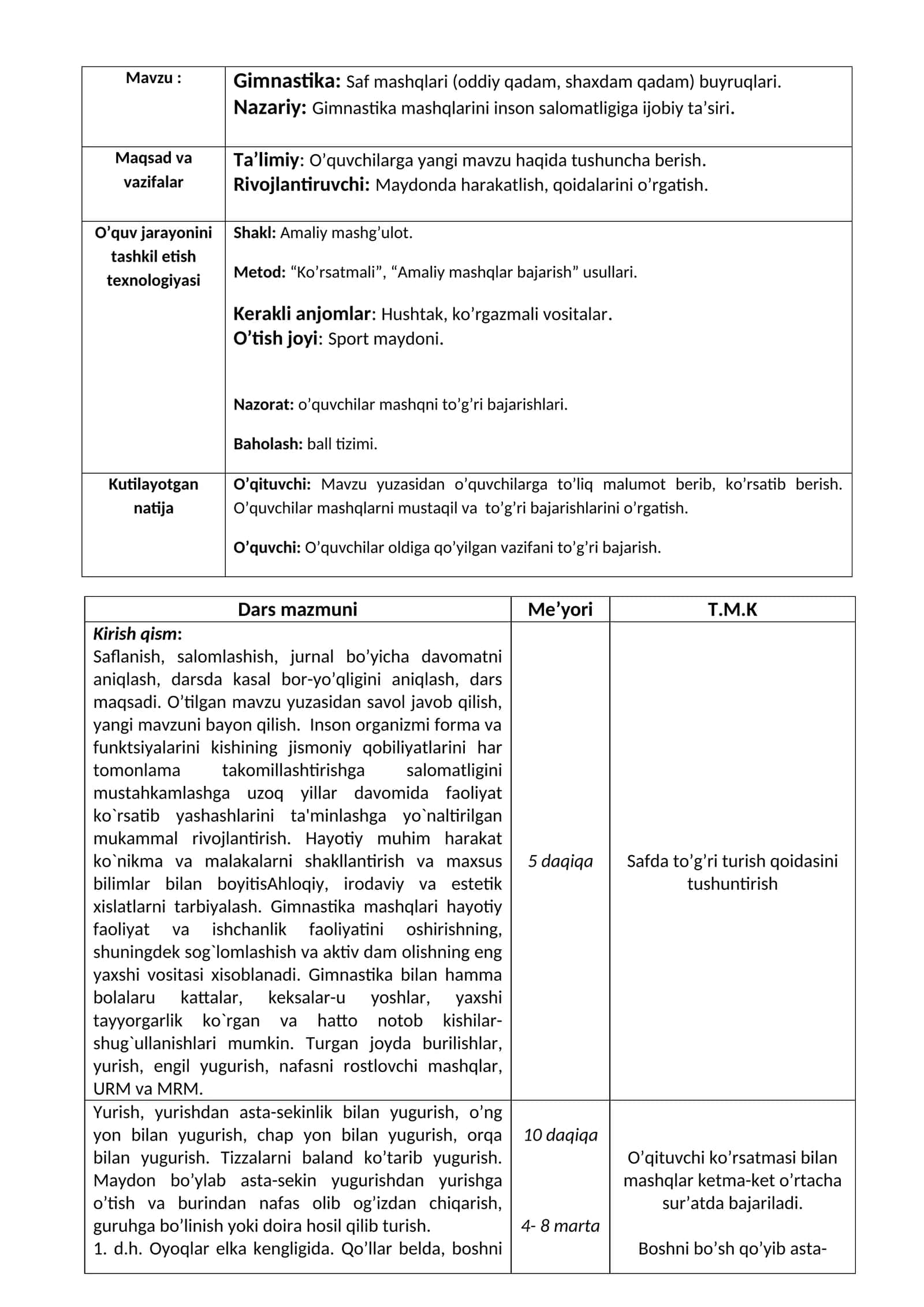 Gimnastika: Saf mashqlari (oddiy qadam, shaxdam qadam) buyruqlari 1