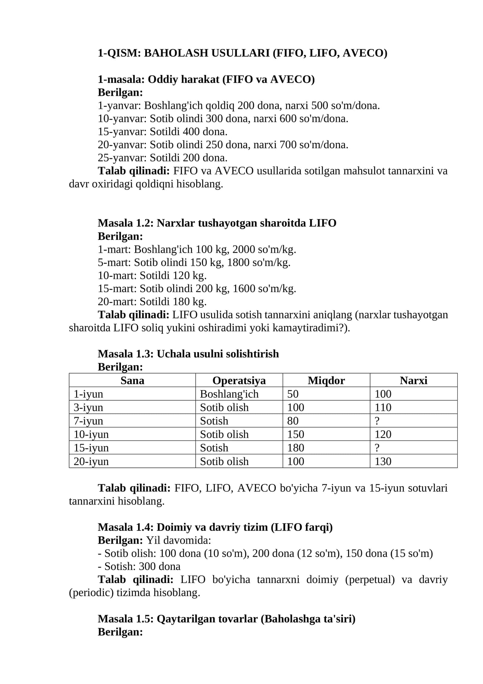 BAHOLASH USULLARI (FIFO, LIFO, AVECO) 1