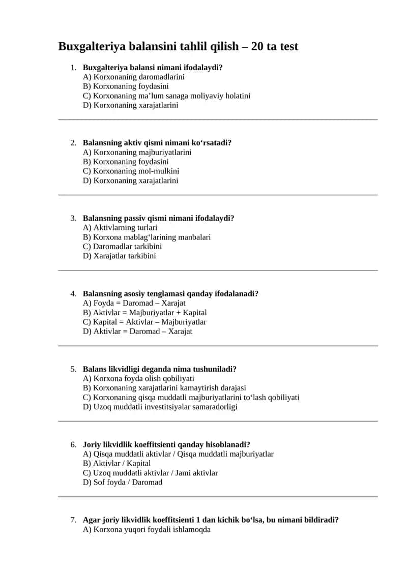 Buxgalteriya balansini tahlil qilish – 20 ta test 1