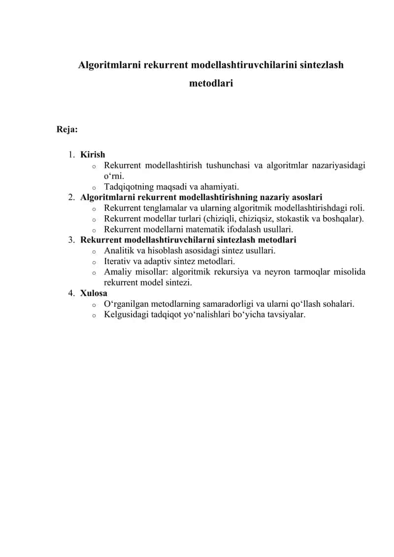 Algoritmlarni rekurrent modellashtiruvchilarini sintezlash metodlari 1
