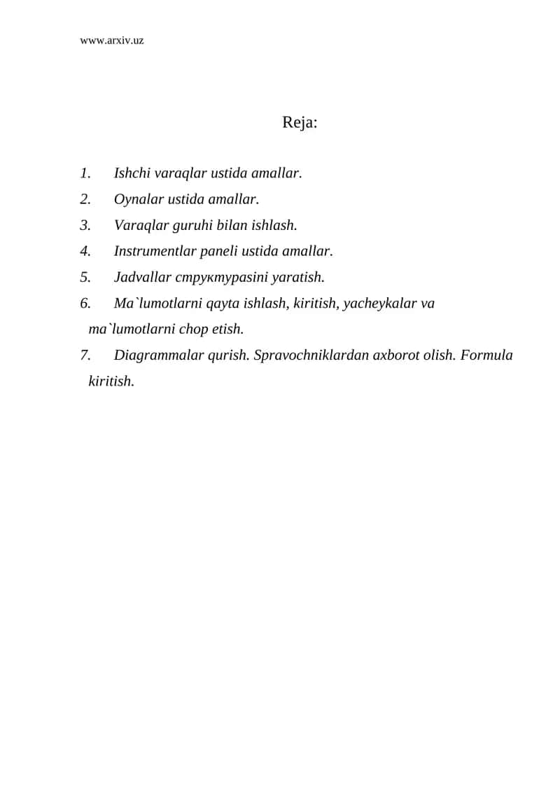 MICROSOFT EXCEL programmasi MS WINDOWS muhitida elektron jadvallar yaratish 1