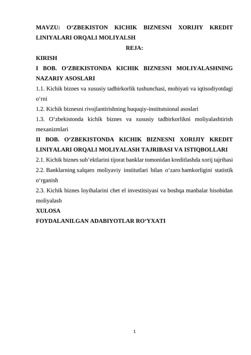 O‘ZBEKISTON KICHIK BIZNESNI XORIJIY KREDIT LINIYALARI ORQALI MOLIYALASH 1