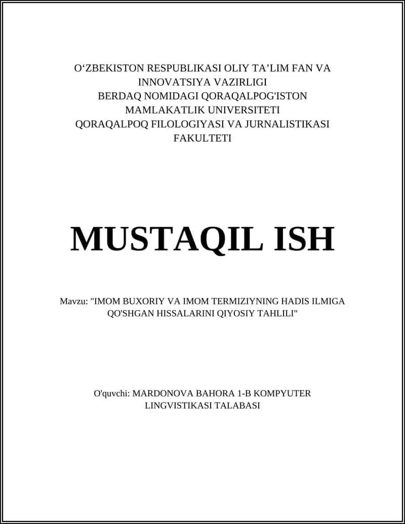 "IMOM BUXORIY VA IMOM TERMIZIYNING HADIS ILMIGA QO'SHGAN HISSALARINI QIYOSIY TAHLILI" 1