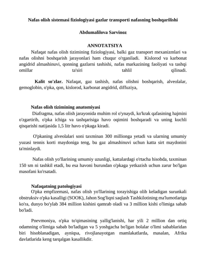 Nafas olish sistemasi fiziologiyasi gazlar transporti nafasning boshqarilishi 1