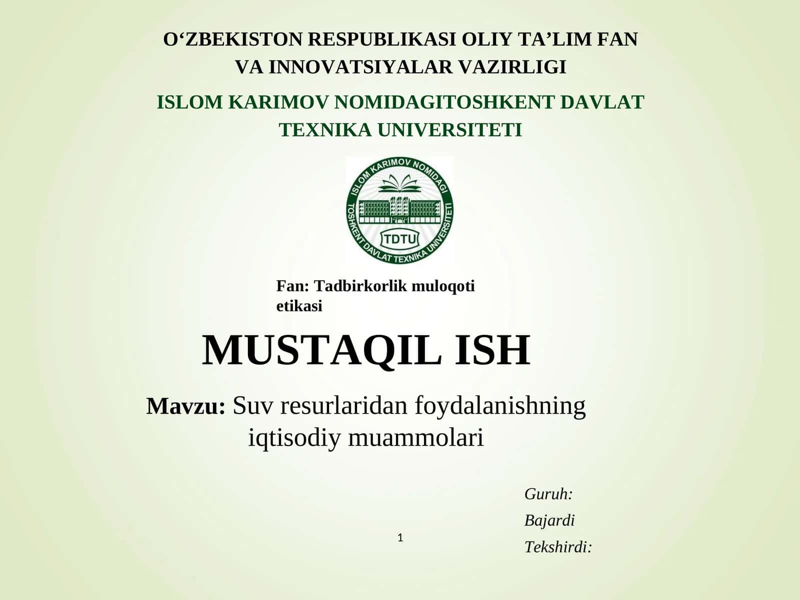 Suv resurlaridan foydalanishning iqtisodiy muammolari 1