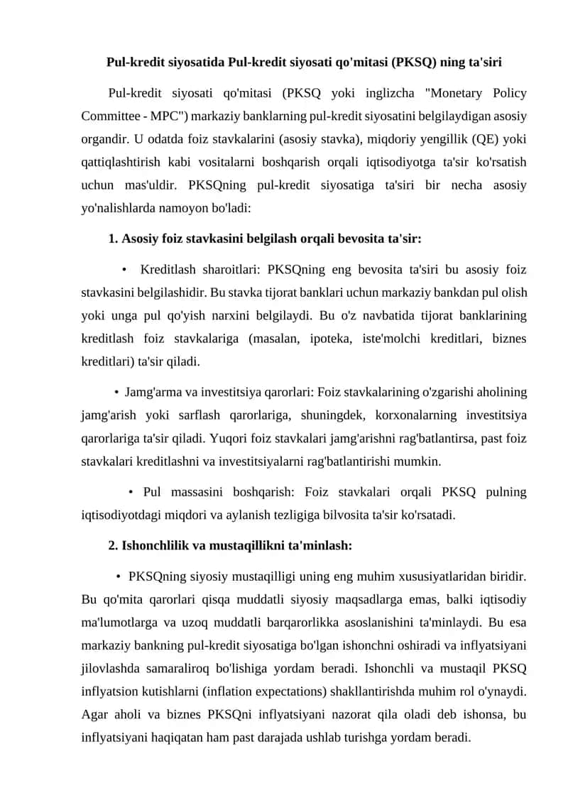Pul-kredit siyosatida Pul-kredit siyosati qo'mitasi (PKSQ) ning ta'siri 1
