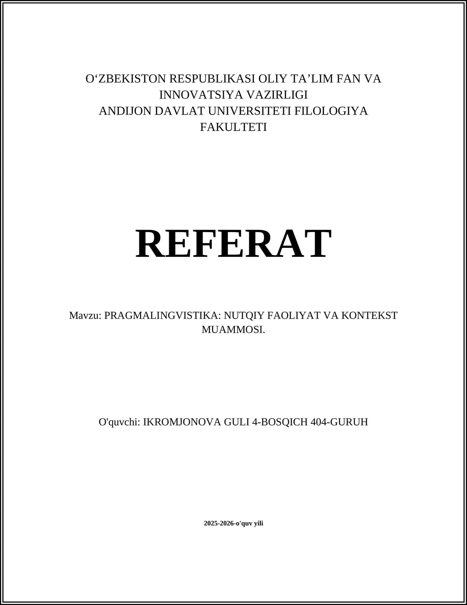 PRAGMALINGVISTIKA: NUTQIY FAOLIYAT VA KONTEKST MUAMMOSI 1