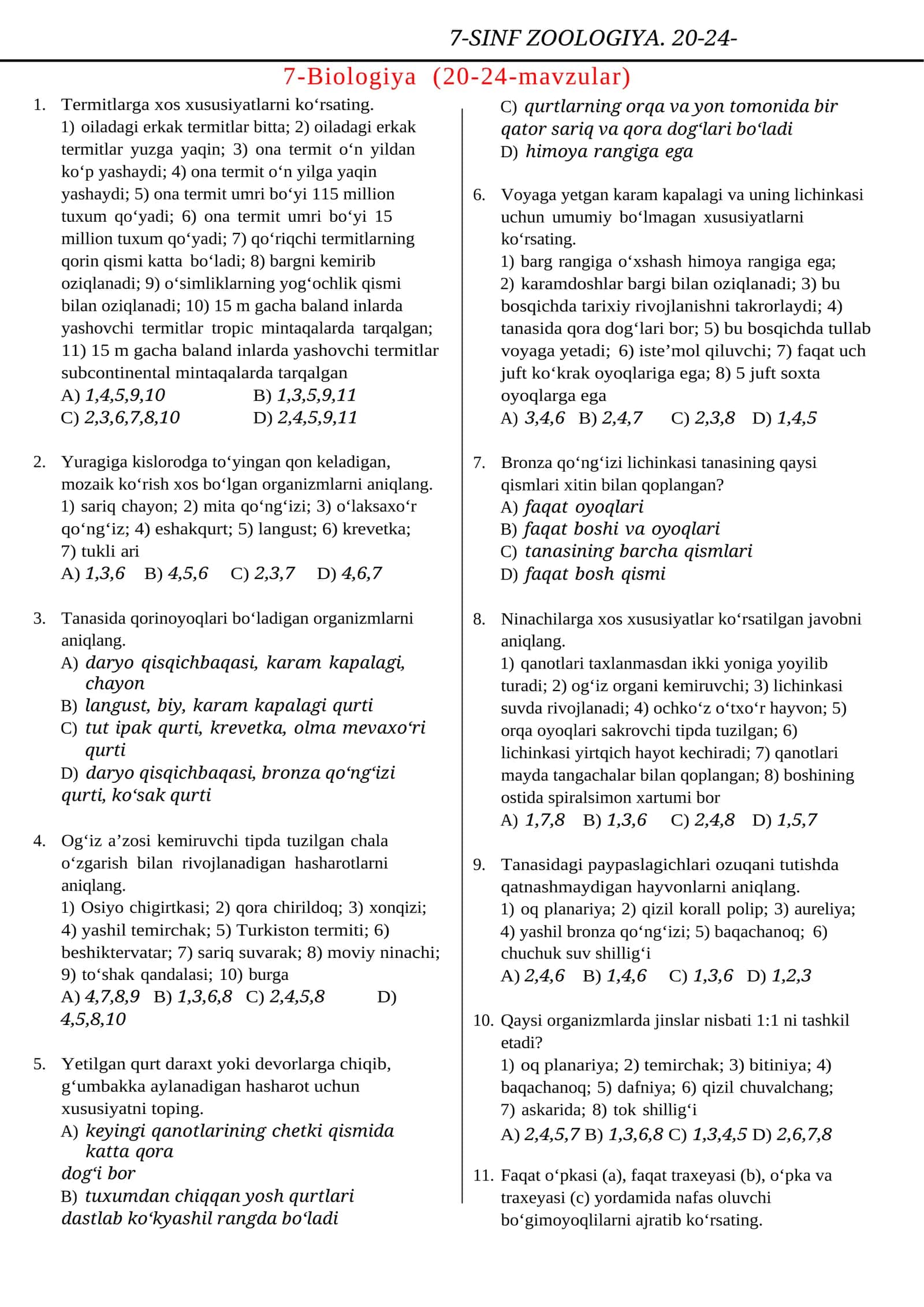 7-SINF ZOOLOGIYA. 20-24-MAVZULAR 1
