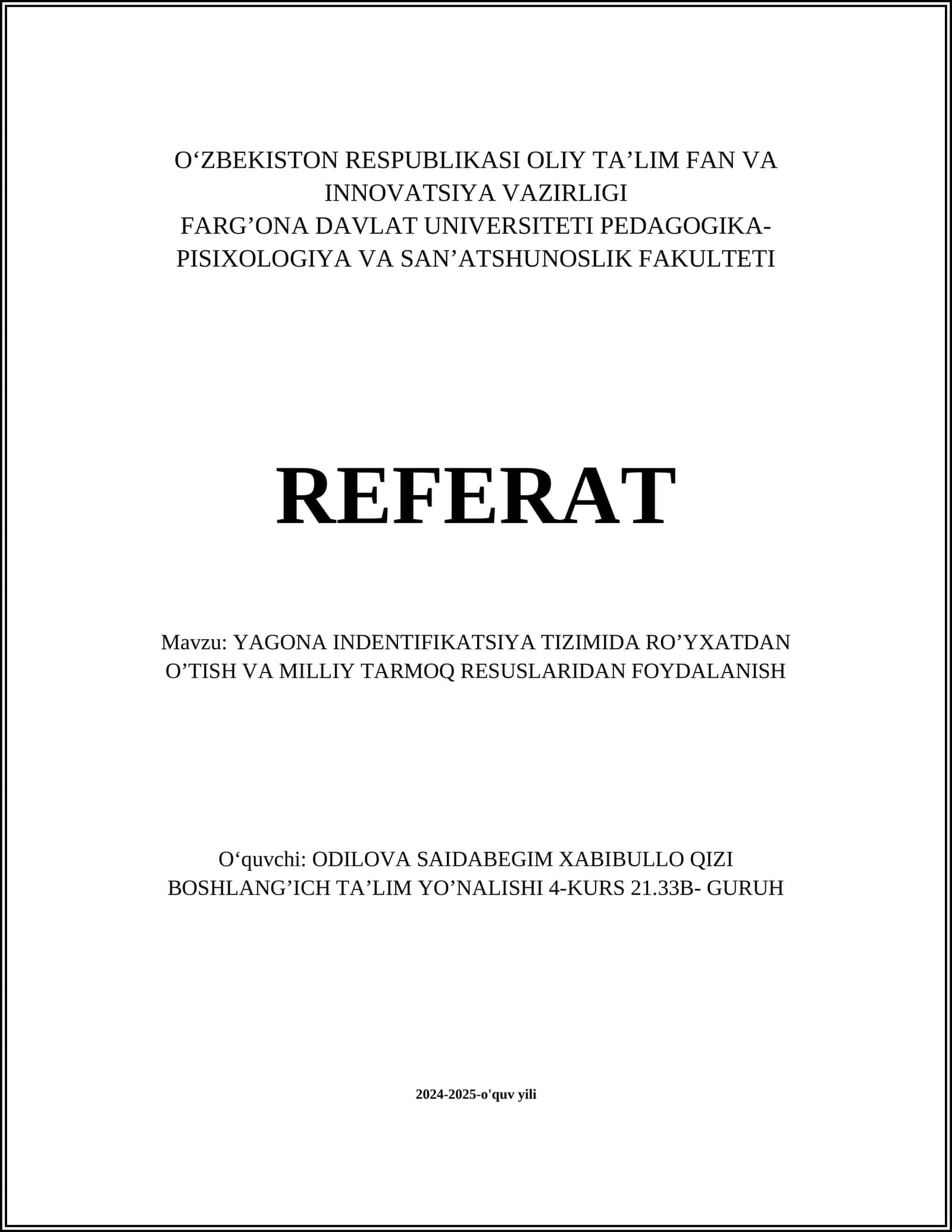 Yagona Indentifikatsiya Tizimi referat 1