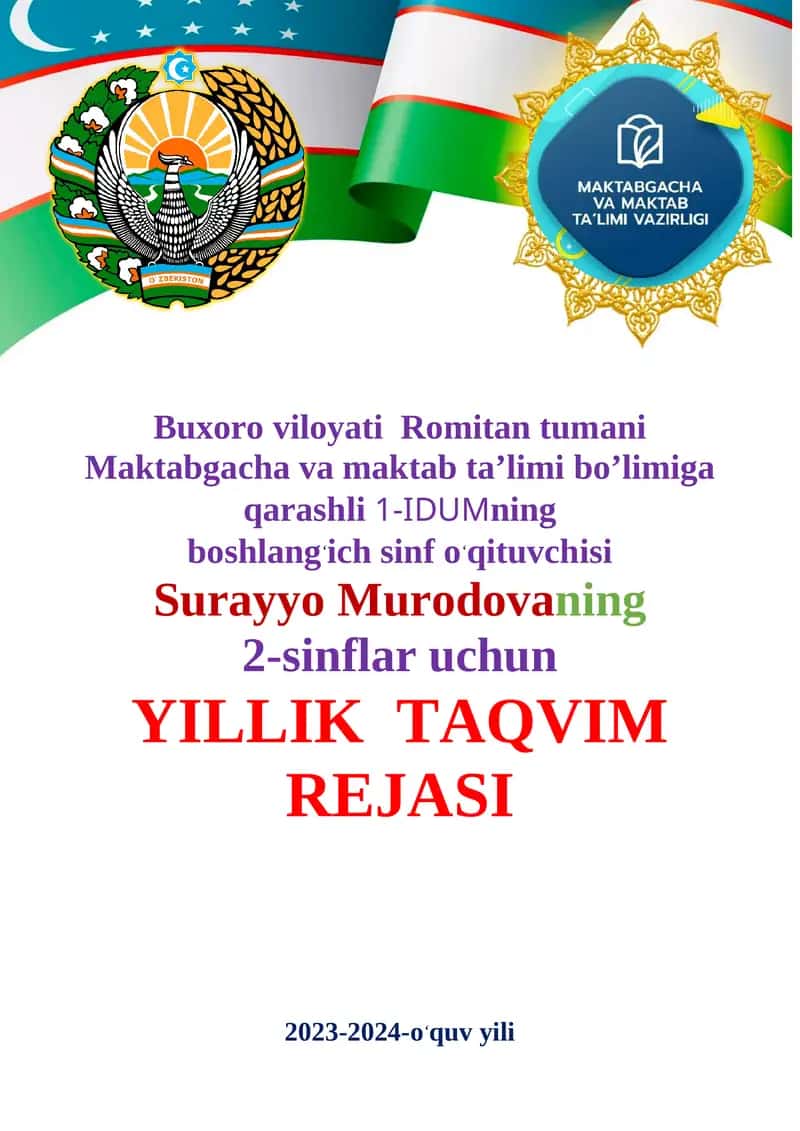 2-sinflar uchun YILLIK TAQVIM REJASI 1
