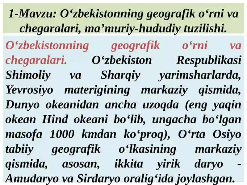 O‘zbekistonning geografik o‘rni va chegaralari
