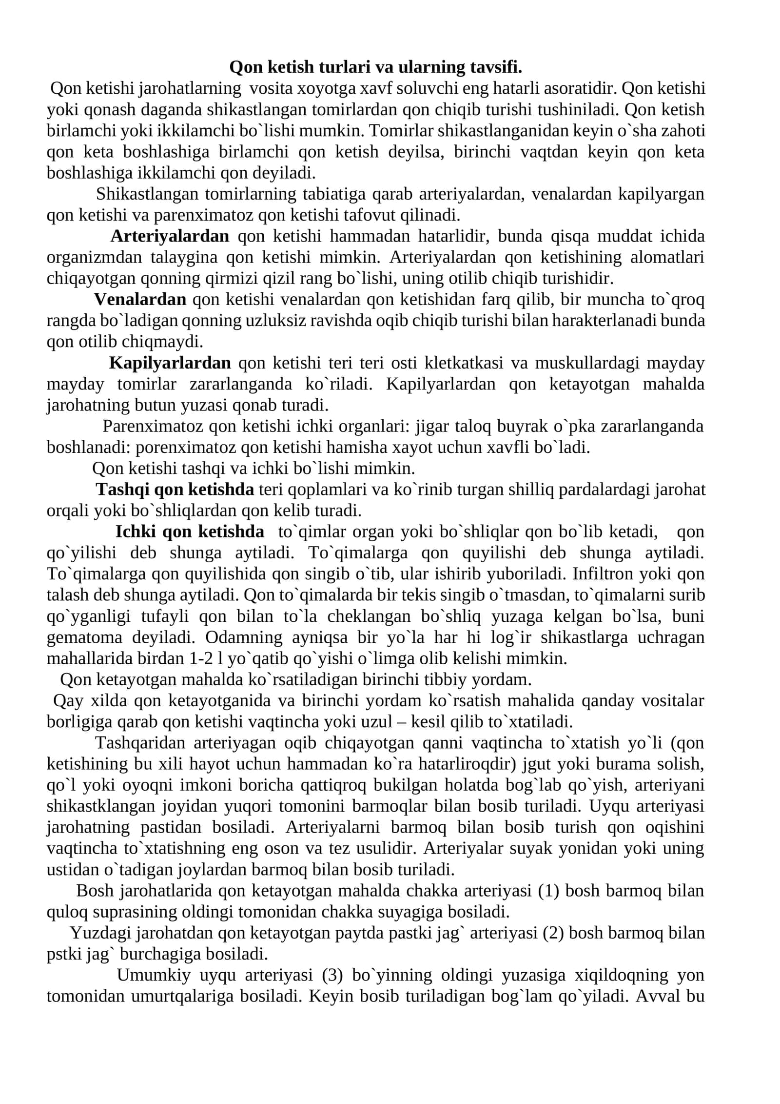 Qon ketish turlari va ularning tavsifi 1