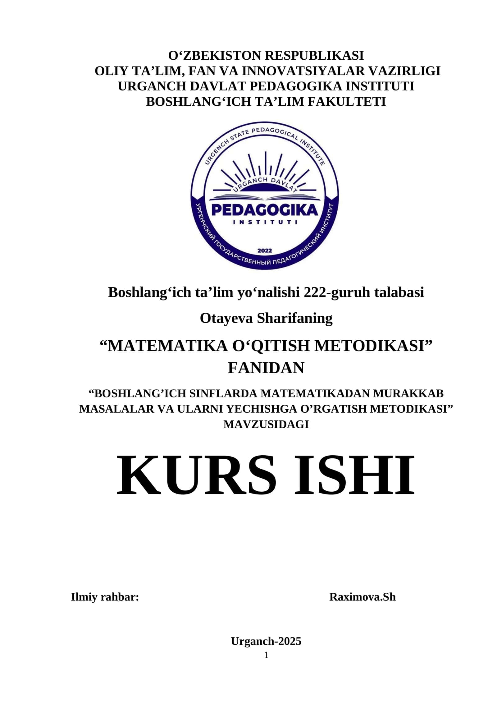 BOSHLANG’ICH SINFLARDA MATEMATIKADAN MURAKKAB MASALALAR VA ULARNI YECHISHGA O’RGATISH METODIKASI 1