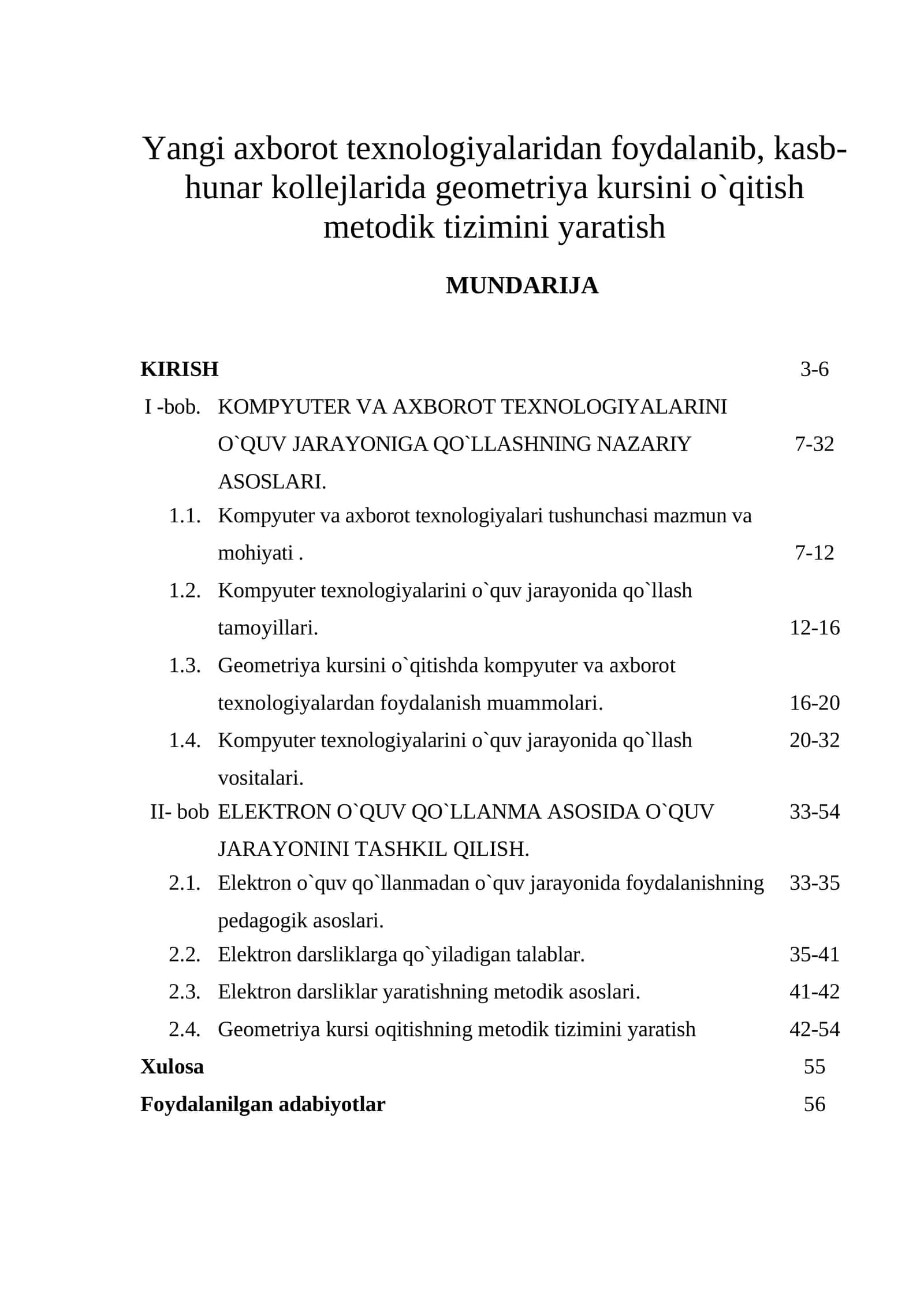 Yangi axborot texnologiyalaridan foydalanib, kasb-hunar kollejlarida geometriya kursini o`qitish metodik tizimini yaratish 1