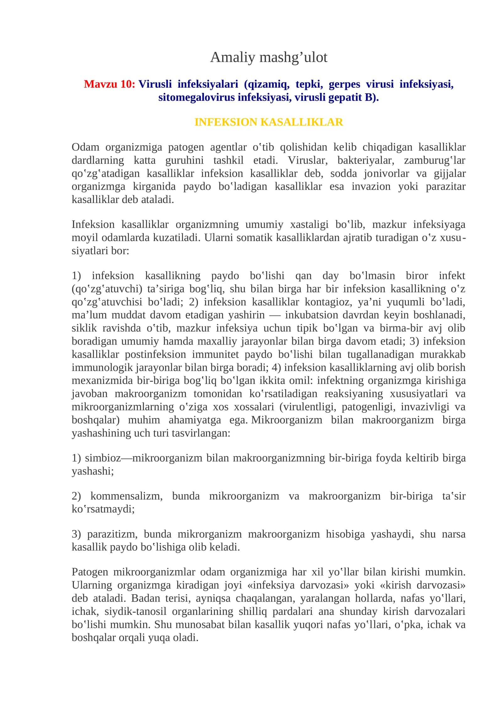 Virusli infeksiyalari (qizamiq, tepki, gerpes virusi infeksiyasi, sitomegalovirus infeksiyasi, virusli gepatit B) 1