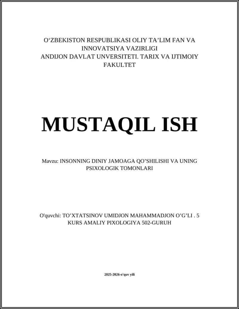INSONNING DINIY JAMOAGA QO’SHILISHI VA UNING PSIXOLOGIK TOMONLARI 1