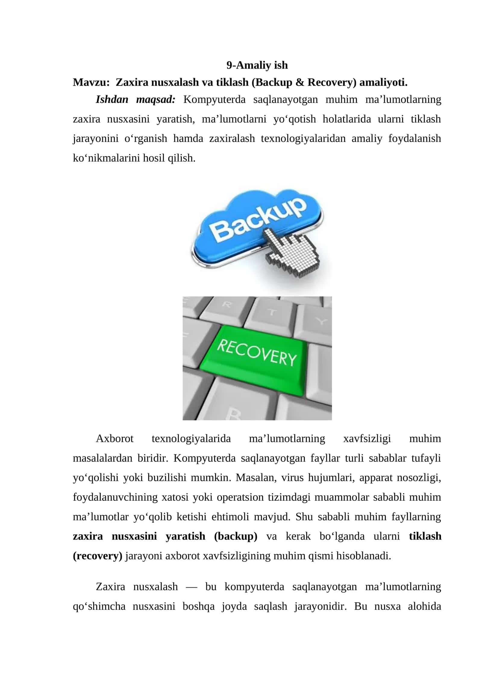Zaxira nusxalash va tiklash (Backup & Recovery) amaliyoti. 1