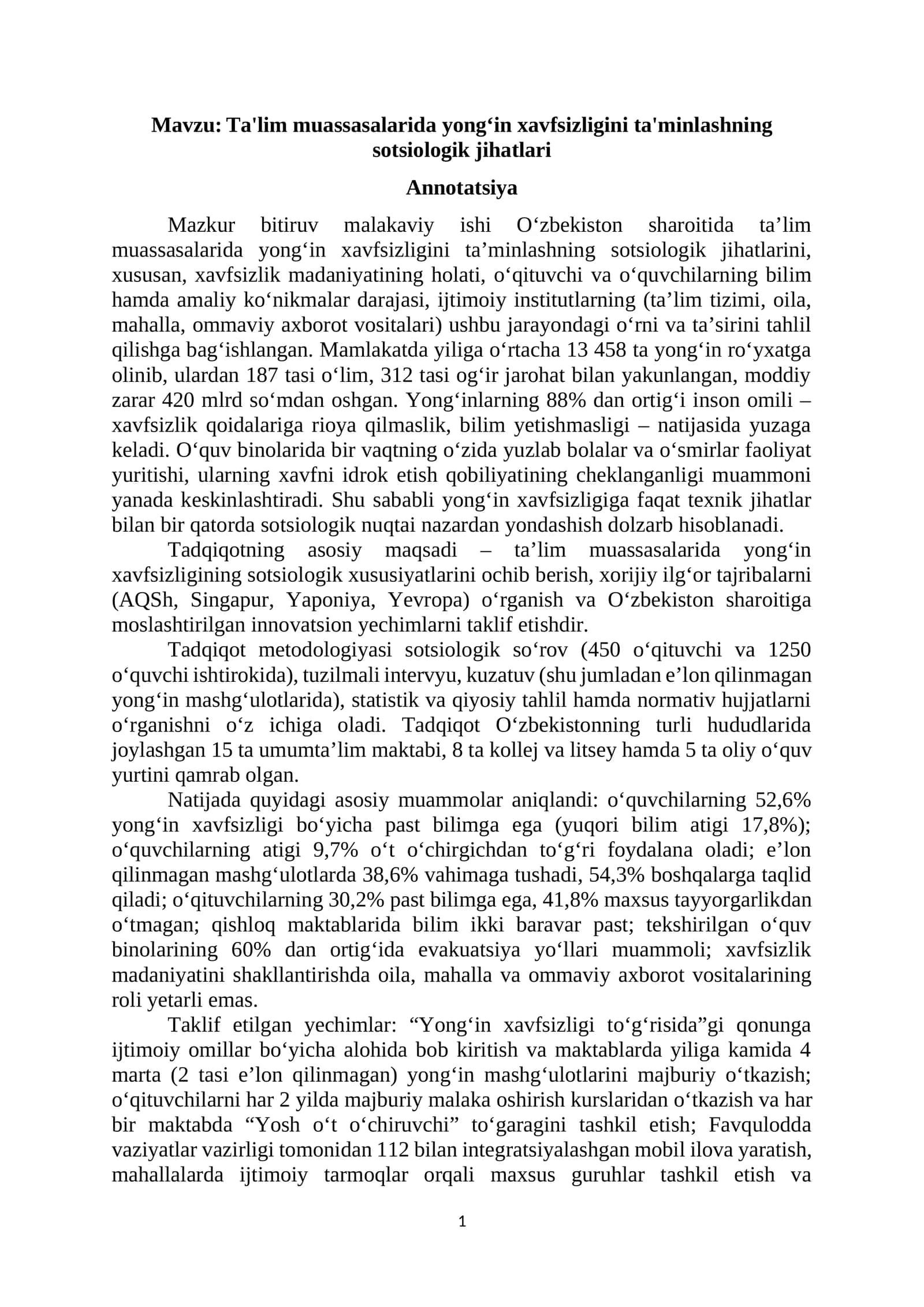 BMI. Hayot faoliyati xavfsizli fani 1