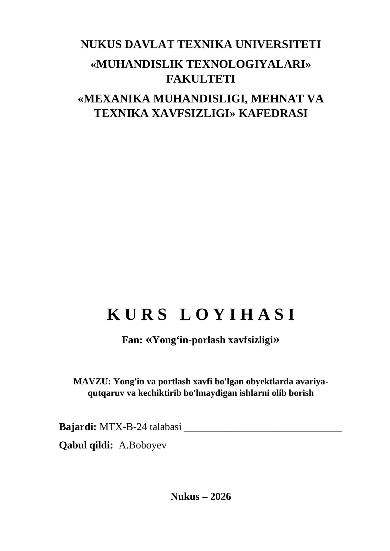 Yong'in va portlash xavfi bo'lgan obyektlarda avariya-qutqaruv va kechiktirib bo'lmaydigan ishlarni olib borish 1