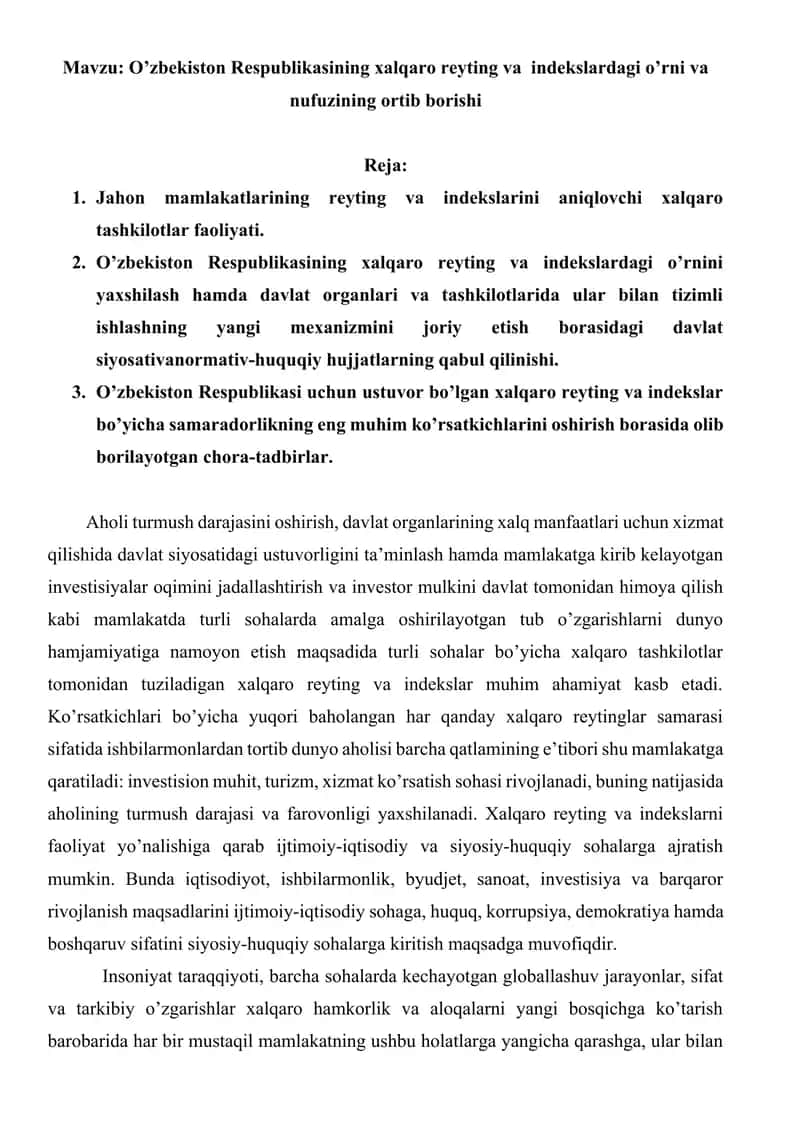 O’zbekiston Respublikasining xalqaro reyting va  indekslardagi o’rni va nufuzining ortib borishi 1