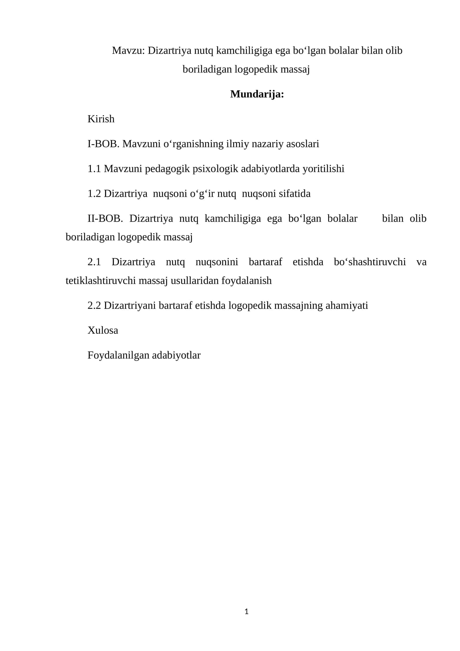 Dizartriya nutq kamchiligiga ega boʻlgan bolalar bilan olib boriladigan logopedik massaj 1