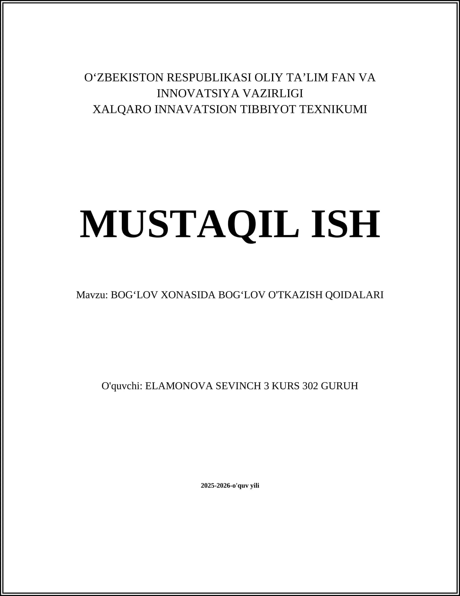 BOG‘LOV XONASIDA BOG‘LOV O'TKAZISH QOIDALARI 1