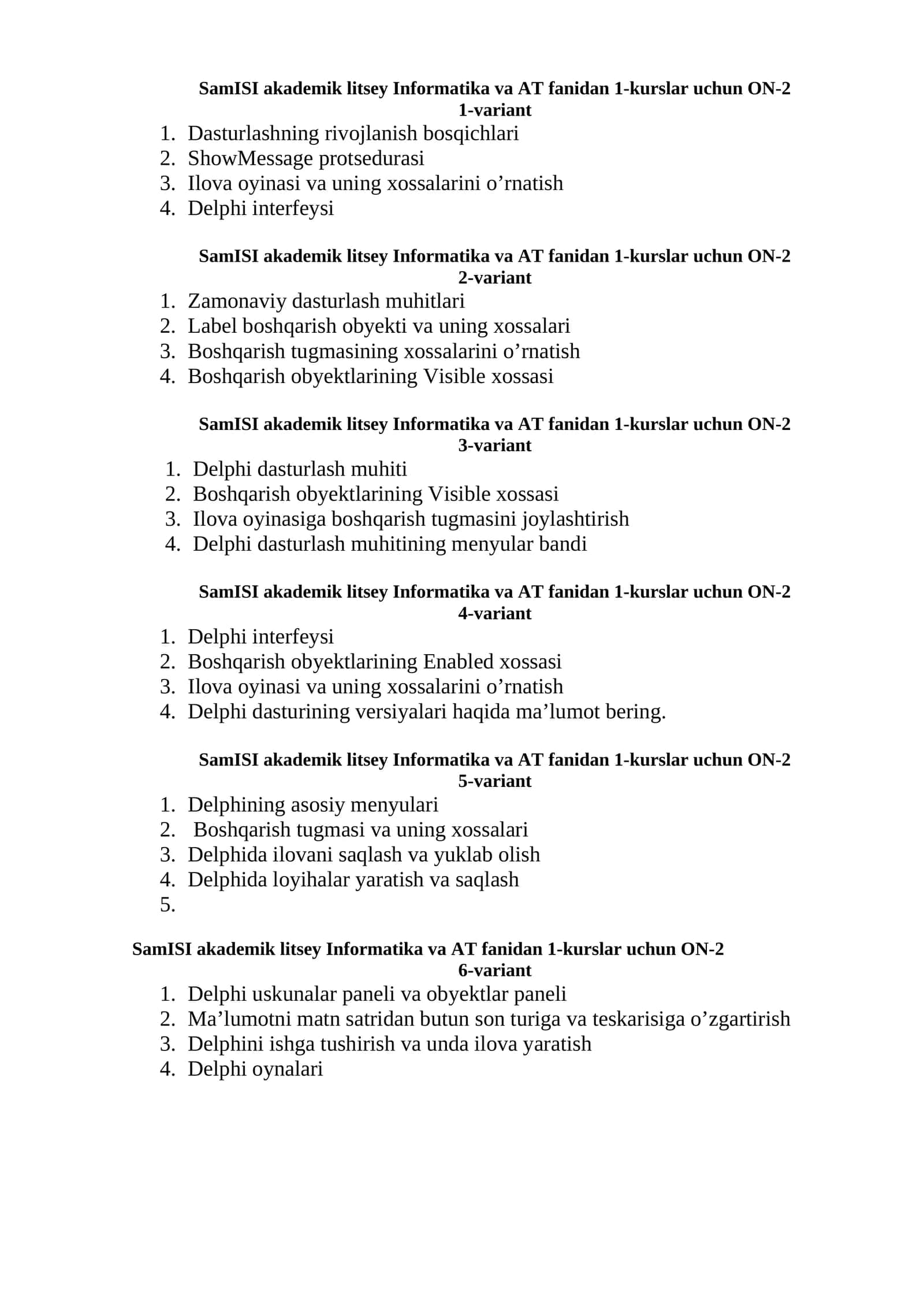 SamISI akademik litsey Informatika va AT fanidan 1-kurslar uchun ON-2 1